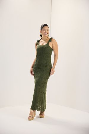 Vestido Longo De Tricot Com Alca De Laco