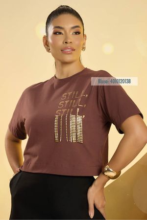 Blusa Tshirtstill Marrom Com Franja De Strass