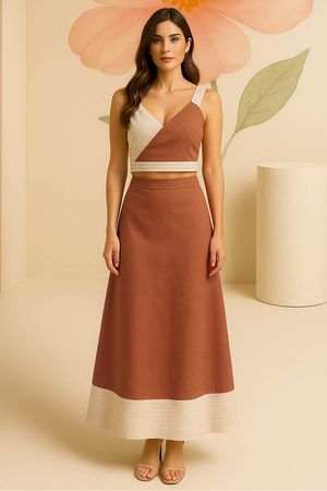 Conjunto Blusa E Saia Midi Com Pespontos