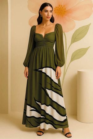 Vestido Longo Com Mangas E Busto Drapeado