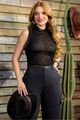 Blusa Gola Alta Com Aplic De Perolas Prateadas Preto P