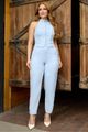 Conjunto De Blusa Com Botoes E Gola Alta E Calca Azul 36