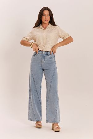 Calca Wide Leg Com Recortes Diagonais