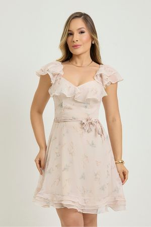 Vestido Plano Curto Com Babados E Cinto Com Flor