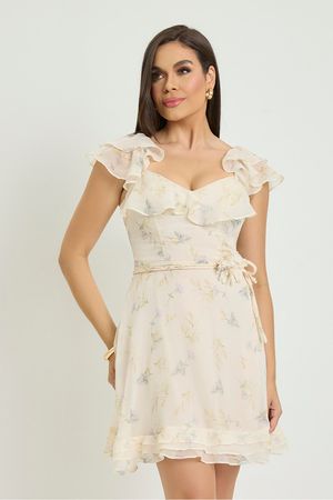 Vestido Plano Curto Com Babados E Cinto Com Flor