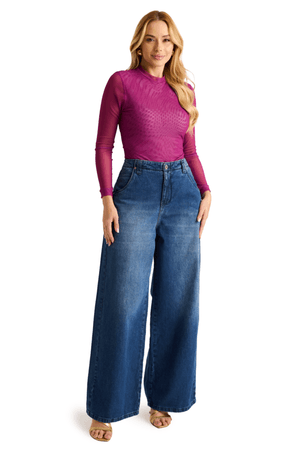 Calca Wide Leg Com Bolso Reto