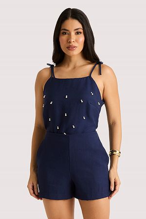 Conjunto Blusa Cropped Com Perolas E Short Curto