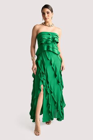 Vestido Plano Longo Com Babados Jabour E Fenda