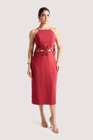 Vestido Plano Midi Com Vazado E Aplicacoes