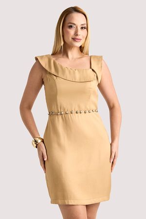 Vestido Plano Curto Com Decote Assimetrico