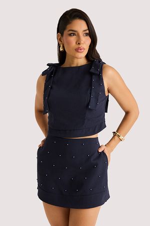 Conjunto Semi Cropped Com Short Saia E Perolas