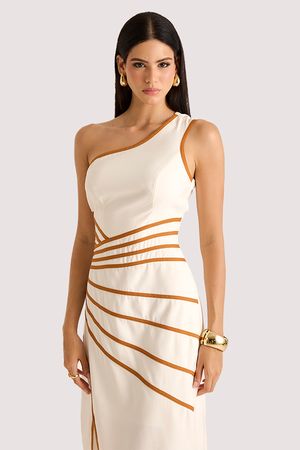 Vestido Plano Midi Ombro So Bicolor