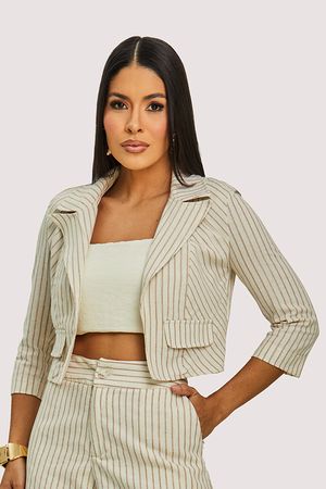 Outwear Blazer Em Listra Cropped E Manga 3/4