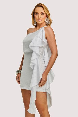 Vestido Plano Curto Com Decote Diagonal E Jabour