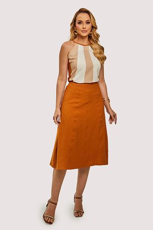 Conjunto De Blusa Cavada Com Recortes E Saia Midi