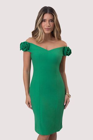 Vestido Plano Midi Ombro A Ombro Com Flor Aplicada