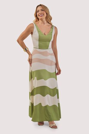 Vestido Longo Cavado Bicolor