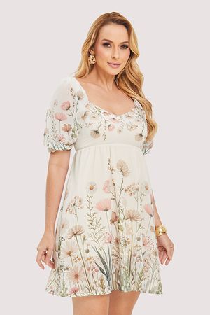 Vestido Plano Floral Com Manga Bufante