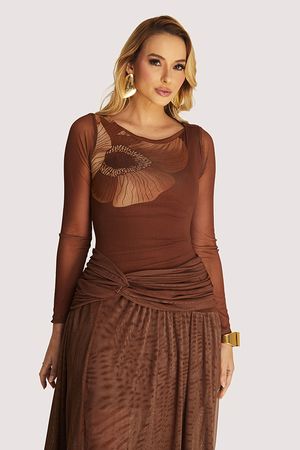 Vestido Longo Com Mangas Decote Canoa E Pala