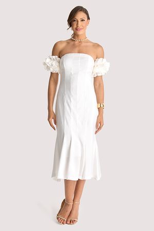 Vestido Plano Midi Ombro A Ombro Com Babados